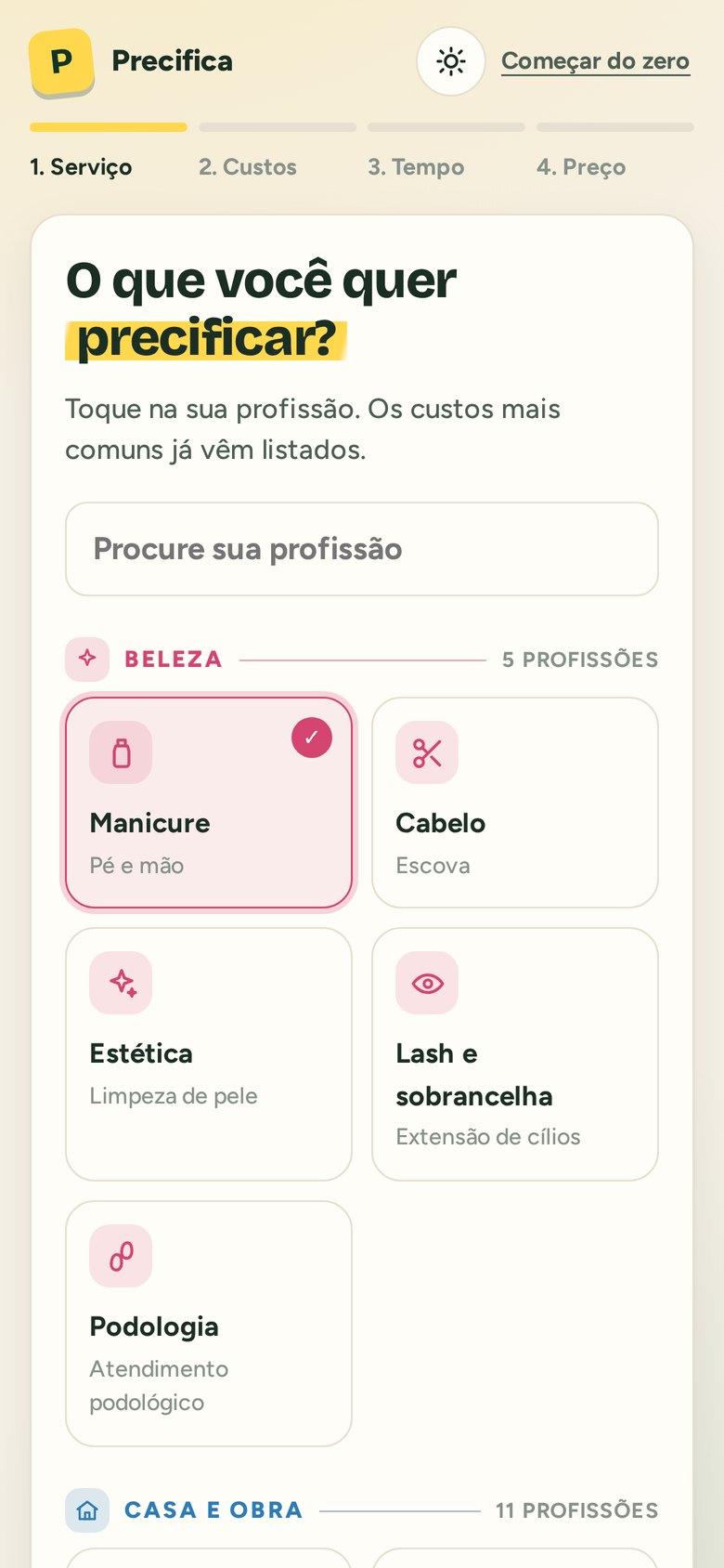 Tela para escolher a profissão