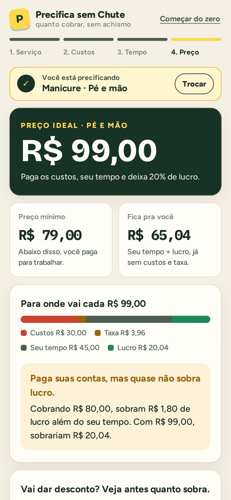 Tela do Precifica mostrando preço ideal de R$ 99 para pé e mão